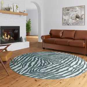 Photo of Grey Round Zebra Print Shag Handmade Non Skid Area Rug