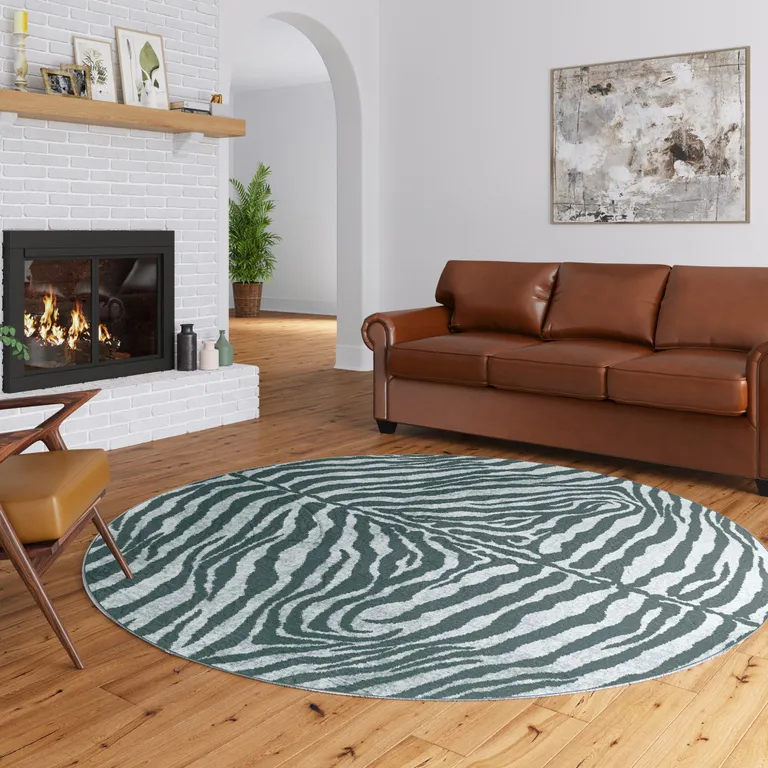 Grey Round Zebra Print Shag Handmade Non Skid Area Rug Photo 1