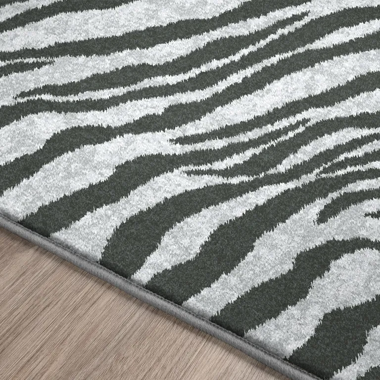 Grey Round Zebra Print Shag Handmade Non Skid Area Rug Photo 3