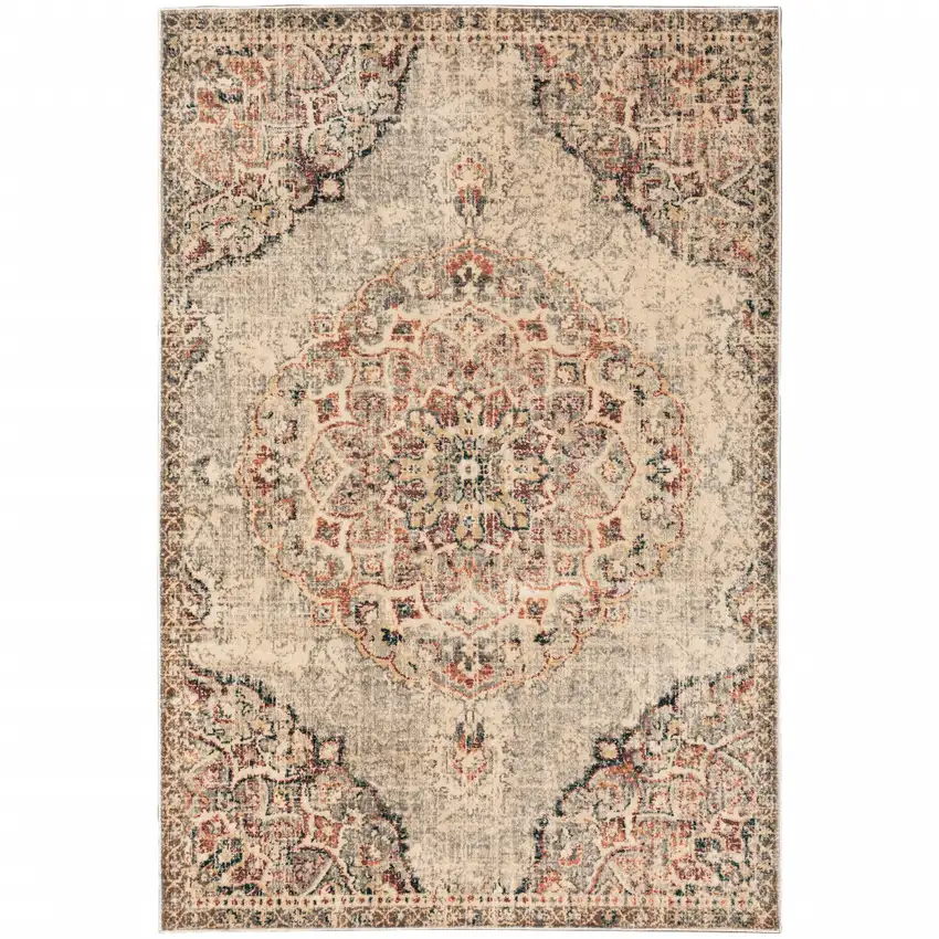 Grey Rust Deep Teal Beige And Orange Oriental Power Loom Stain Resistant Area Rug Photo 1