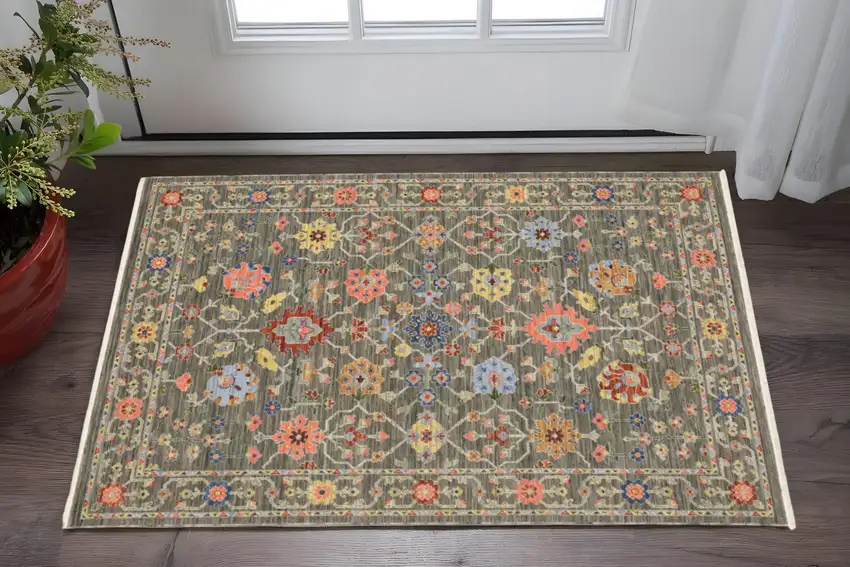 Gray Blue And Orange Oriental Area Rug With Fringe Photo 1