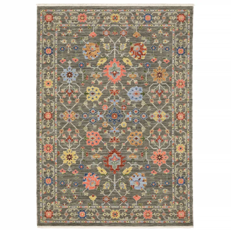 Grey Salmon Pink Gold Blue Rust Deep Blue Ivory And Green Oriental Power Loom Stain Resistant Area Rug With Fringe Photo 1