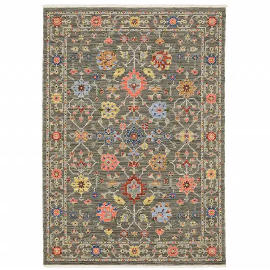 Grey Salmon Pink Gold Blue Rust Deep Blue Ivory And Green Oriental Power Loom Stain Resistant Area Rug With Fringe Photo 1