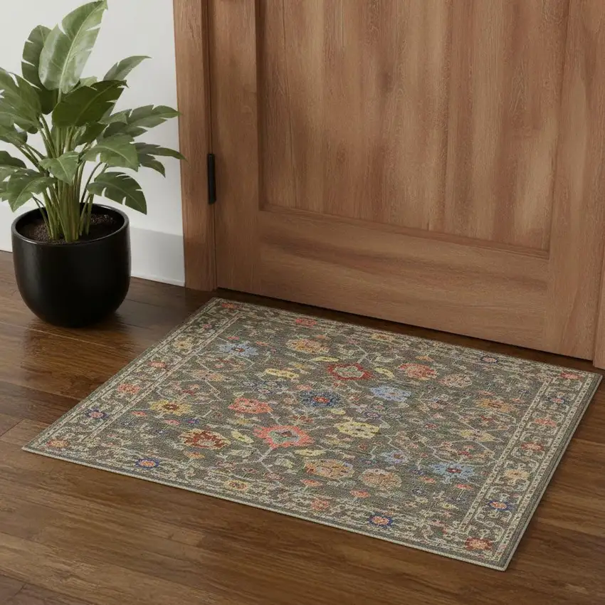 Grey Salmon Pink Gold Blue Rust Deep Blue Ivory And Green Oriental Power Loom Stain Resistant Area Rug With Fringe Photo 1