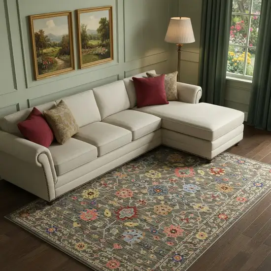 6' X 9' Grey Salmon Pink Gold Blue Rust Deep Blue Ivory And Green Oriental Power Loom Stain Resistant Area Rug With Fringe Photo 1