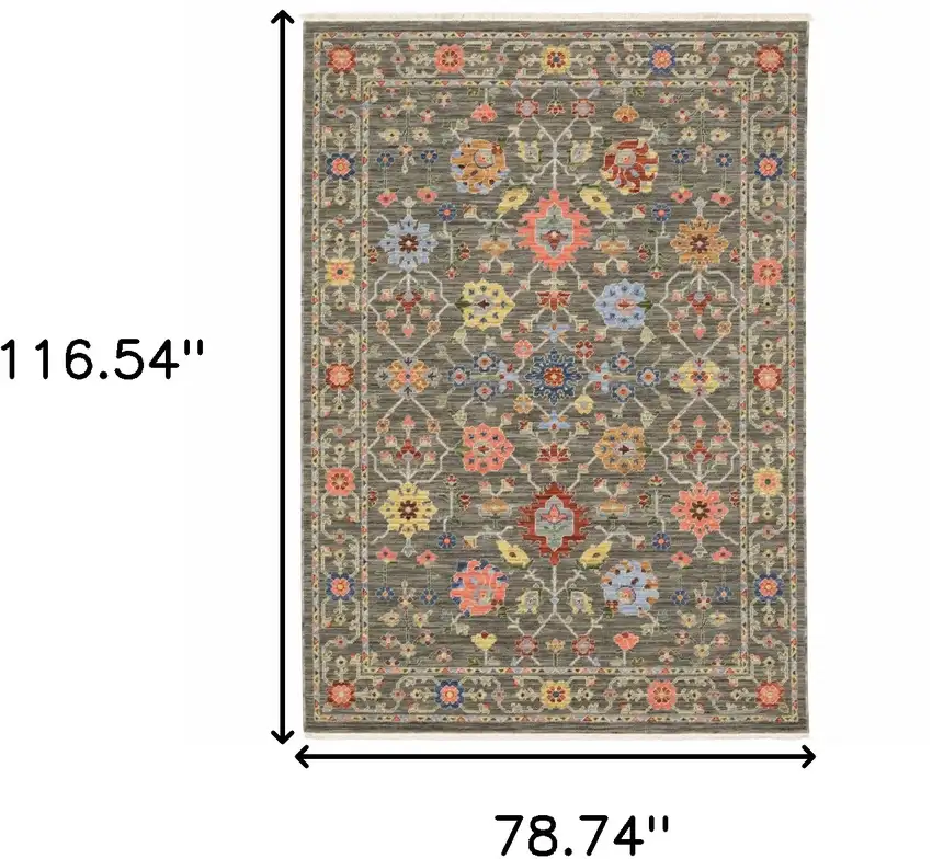 6' X 9' Grey Salmon Pink Gold Blue Rust Deep Blue Ivory And Green Oriental Power Loom Stain Resistant Area Rug With Fringe Photo 3