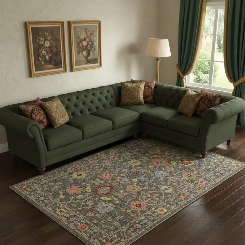 Grey Salmon Pink Gold Blue Rust Deep Blue Ivory And Green Oriental Power Loom Stain Resistant Area Rug With Fringe Photo 1