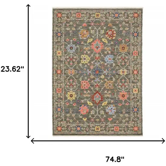 2' X 6' Grey Salmon Pink Gold Blue Rust Deep Blue Ivory And Green Oriental Power Loom Stain Resistant Runner Rug With Fringe Photo 3