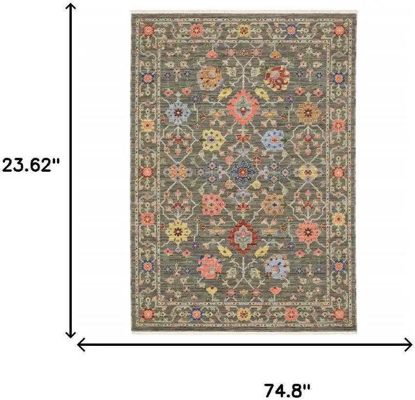 2' X 6' Grey Salmon Pink Gold Blue Rust Deep Blue Ivory And Green Oriental Power Loom Stain Resistant Runner Rug With Fringe Photo 3