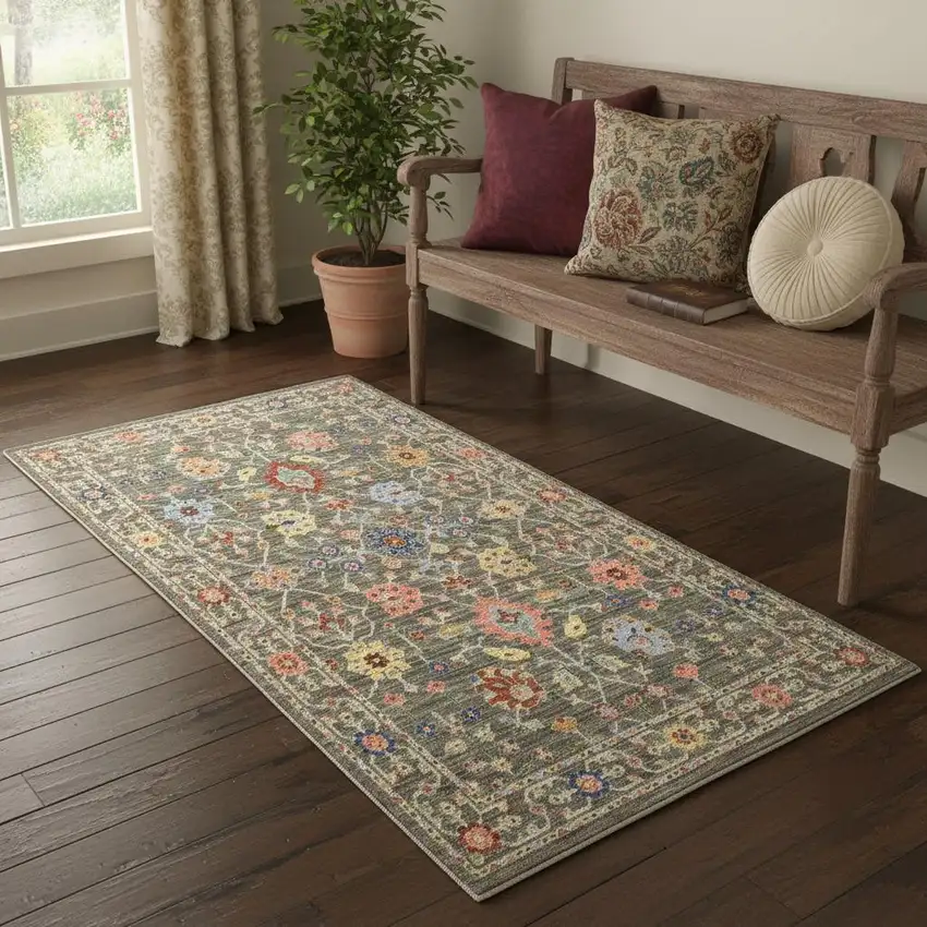 2' X 6' Grey Salmon Pink Gold Blue Rust Deep Blue Ivory And Green Oriental Power Loom Stain Resistant Runner Rug With Fringe Photo 1