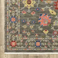 Photo of Grey Salmon Pink Gold Blue Rust Deep Blue Ivory And Green Oriental Power Loom Stain Resistant Runner Rug With Fringe