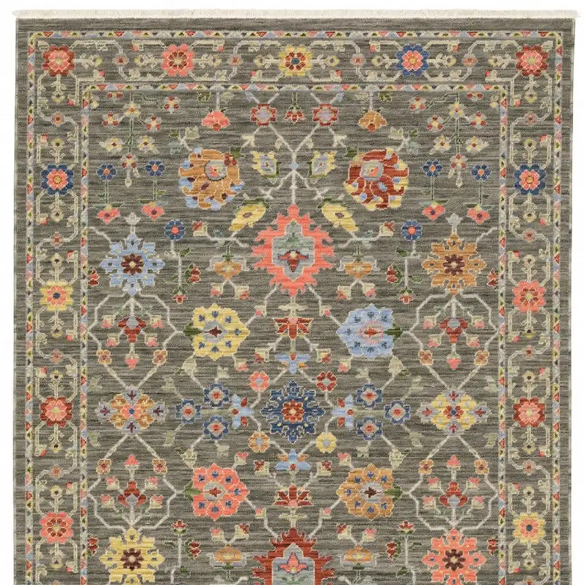 2' X 6' Grey Salmon Pink Gold Blue Rust Deep Blue Ivory And Green Oriental Power Loom Stain Resistant Runner Rug With Fringe Photo 5