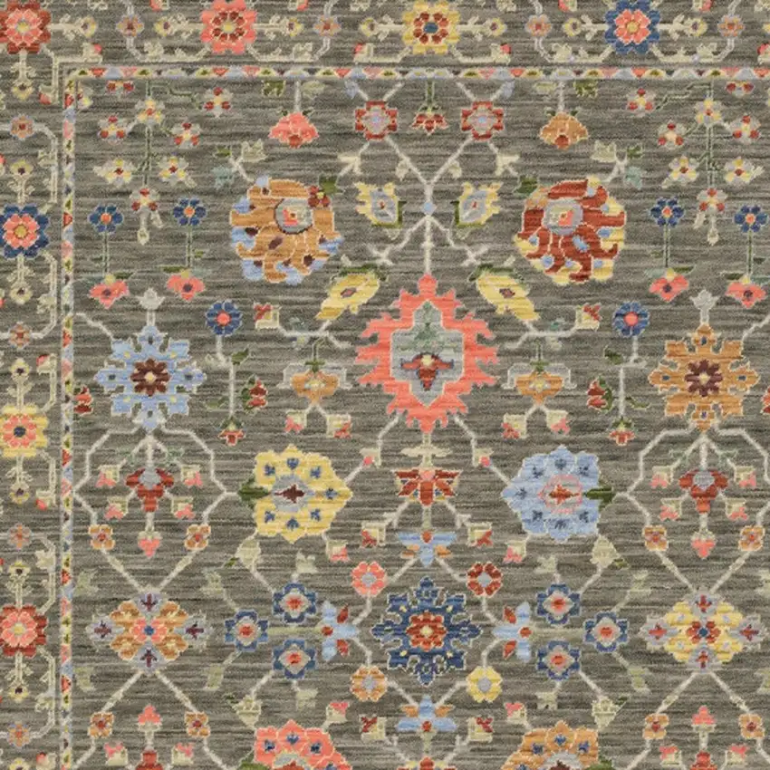 2' X 6' Grey Salmon Pink Gold Blue Rust Deep Blue Ivory And Green Oriental Power Loom Stain Resistant Runner Rug With Fringe Photo 4