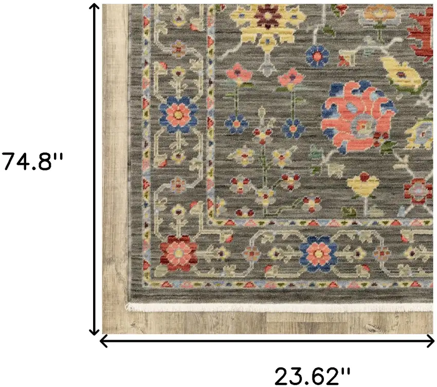 Grey Salmon Pink Gold Blue Rust Deep Blue Ivory And Green Oriental Power Loom Stain Resistant Runner Rug With Fringe Photo 9