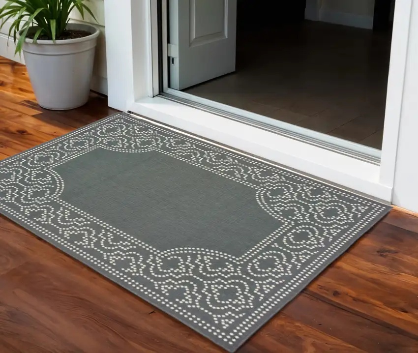 Gray and Ivory Stain Resistant Indoor Outdoor Area Rug Photo 1