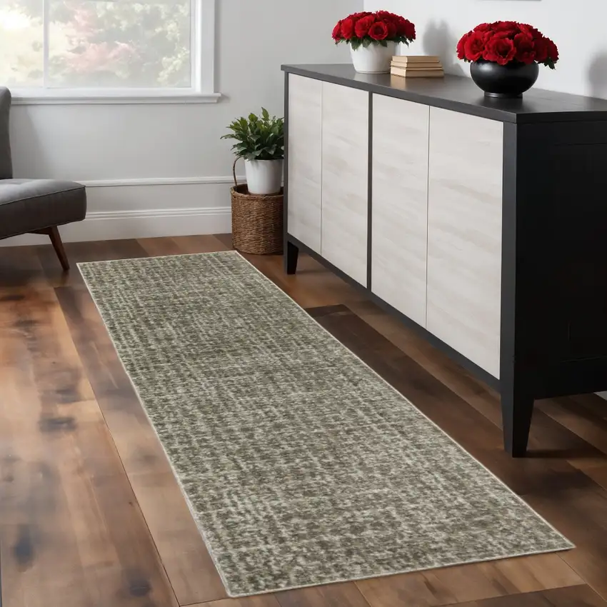 8' Brown And Beige Geometric Distressed Runner Rug Photo 1