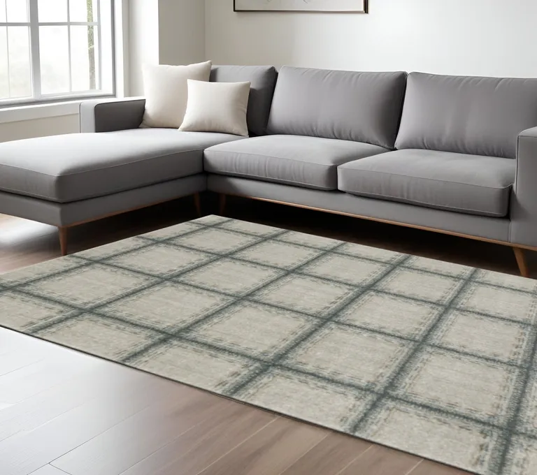 Grey Teal And Beige Geometric Power Loom Stain Resistant Area Rug Photo 2