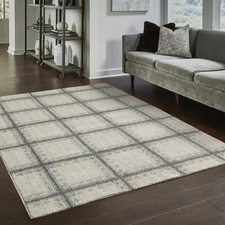 Grey Teal And Beige Geometric Power Loom Stain Resistant Area Rug Photo 1