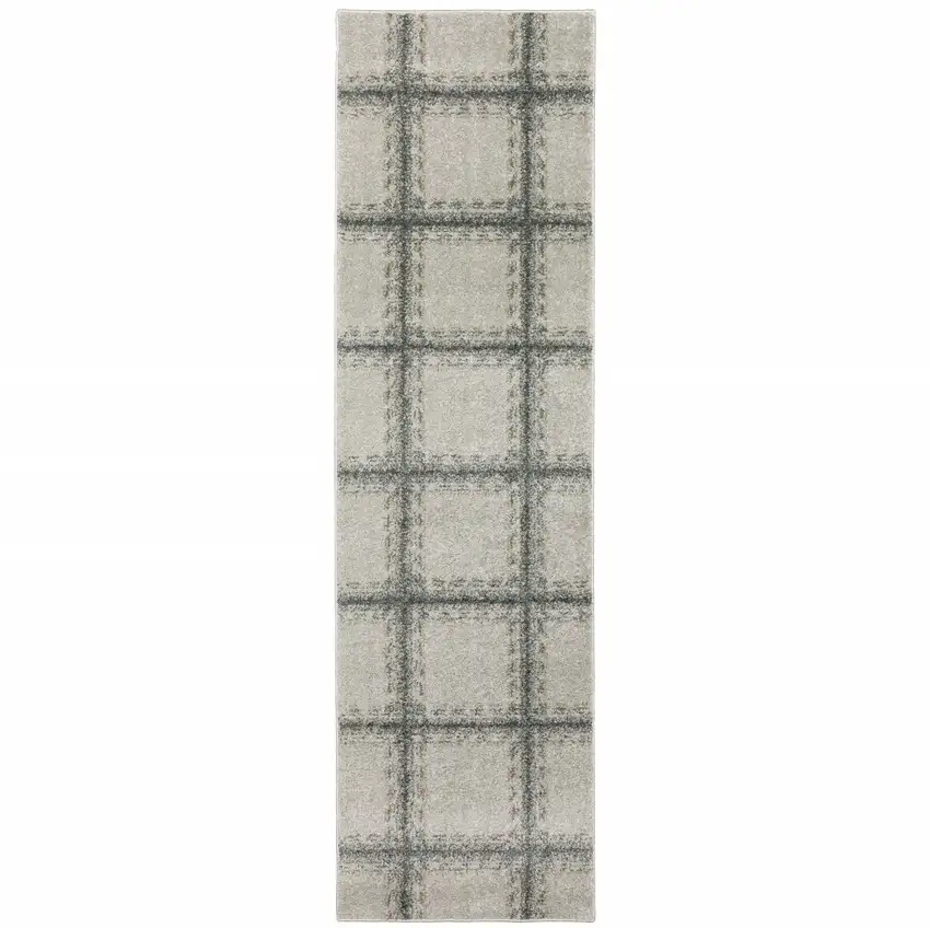 Grey Teal And Beige Geometric Power Loom Stain Resistant Runner Rug Photo 1