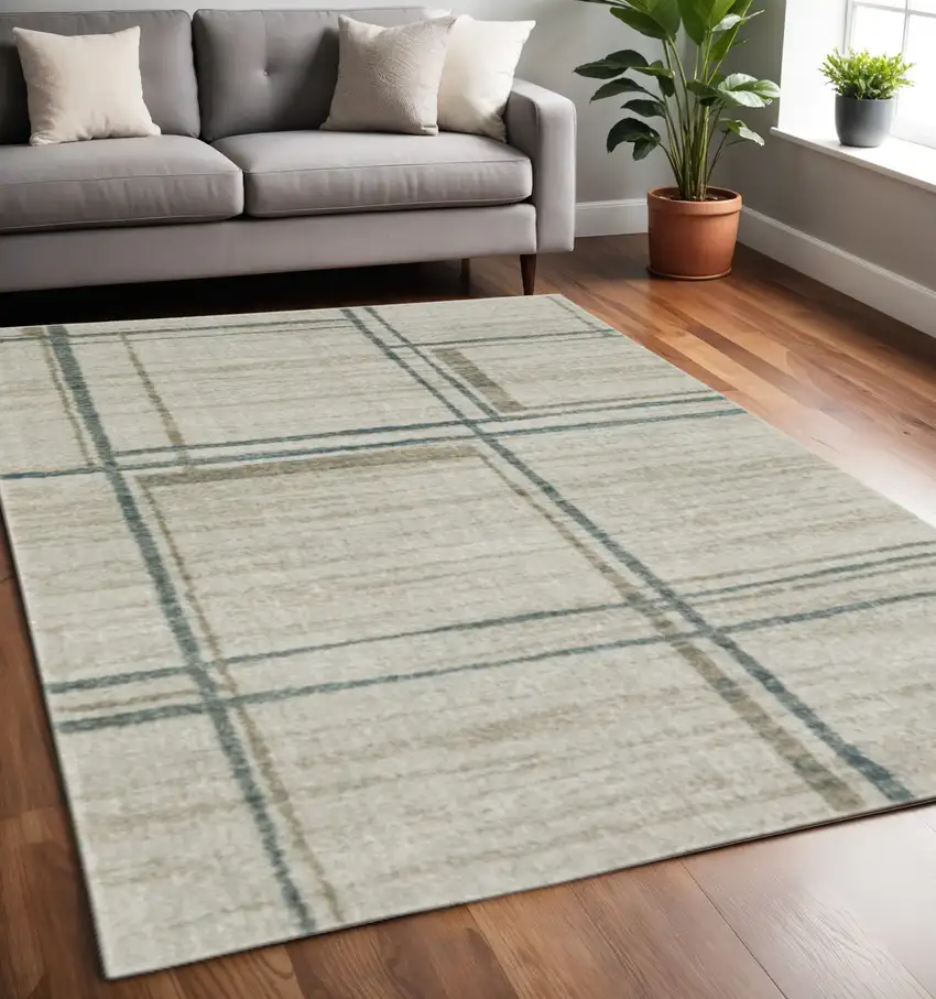Grey Teal Beige and Tan Geometric Power Loom Area Rug Photo 1