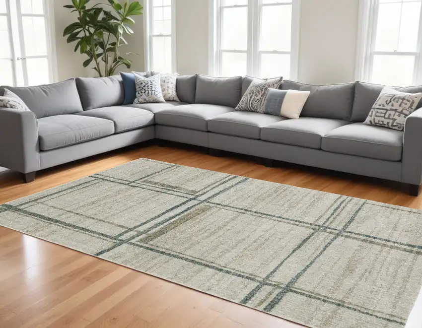 Grey Teal Beige and Tan Geometric Power Loom Area Rug Photo 1