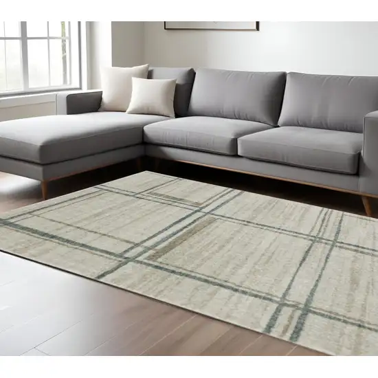 Grey Teal Beige and Tan Geometric Power Loom Area Rug Photo 1