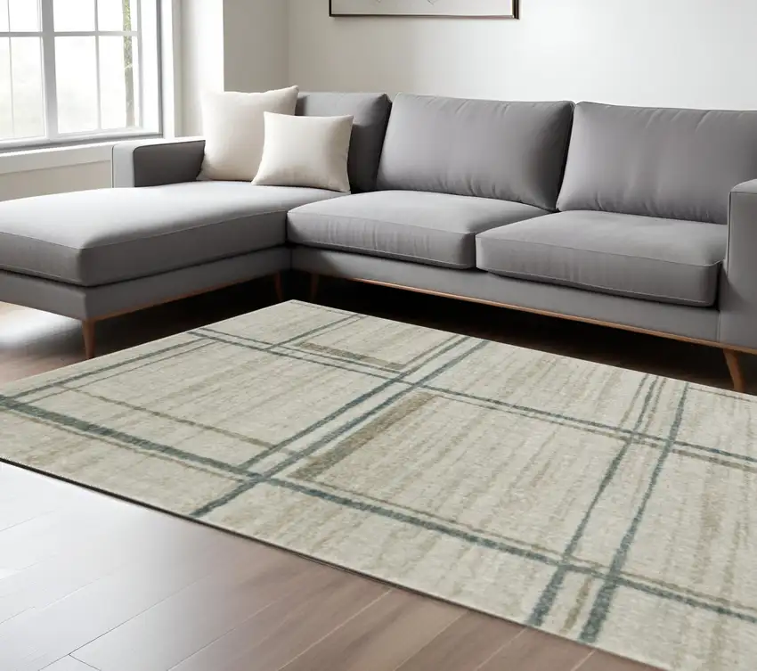 Grey Teal Beige and Tan Geometric Power Loom Area Rug Photo 1