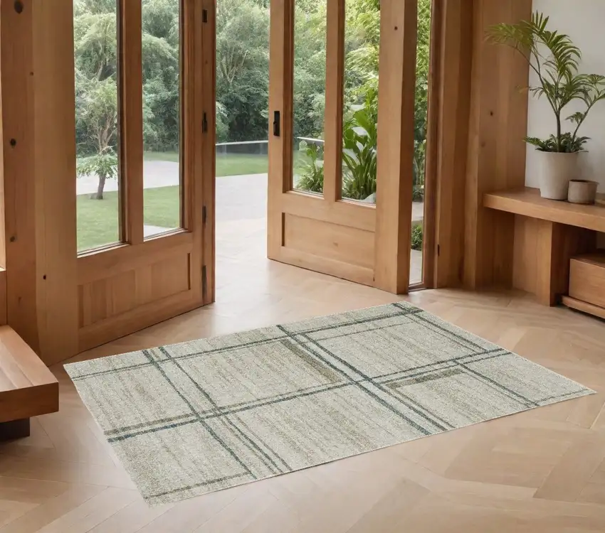 Grey Teal Beige and Tan Geometric Power Loom Area Rug Photo 1