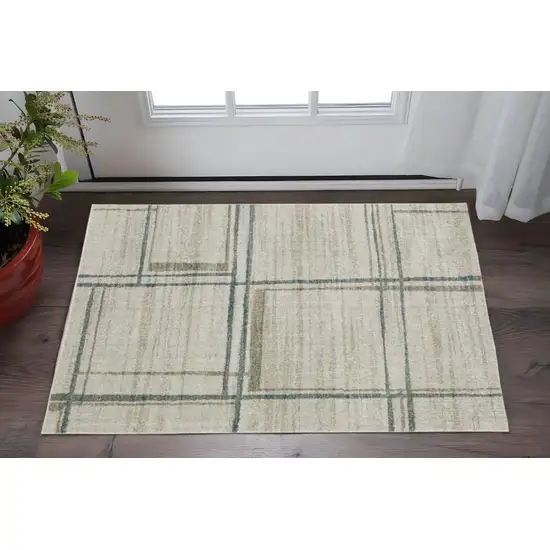 Grey Teal Beige and Tan Geometric Power Loom Area Rug Photo 1