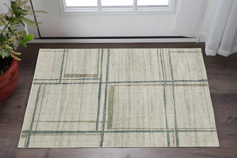 Grey Teal Beige And Tan Geometric Power Loom Stain Resistant Area Rug Photo 1