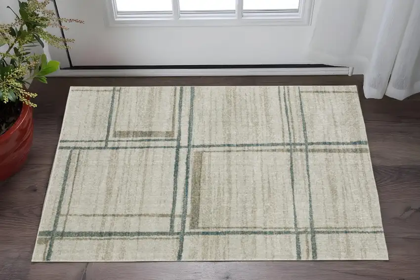 Grey Teal Beige and Tan Geometric Power Loom Area Rug Photo 1
