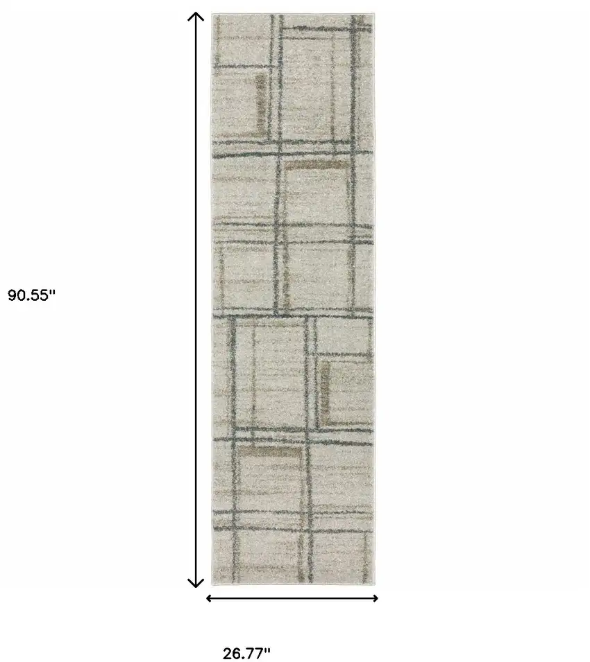 Grey Teal Beige And Tan Geometric Power Loom Stain Resistant Runner Rug Photo 9