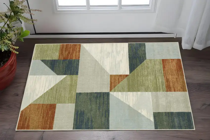 Grey Teal Blue Rust Green And Ivory Geometric Power Loom Stain Resistant Area Rug Photo 1