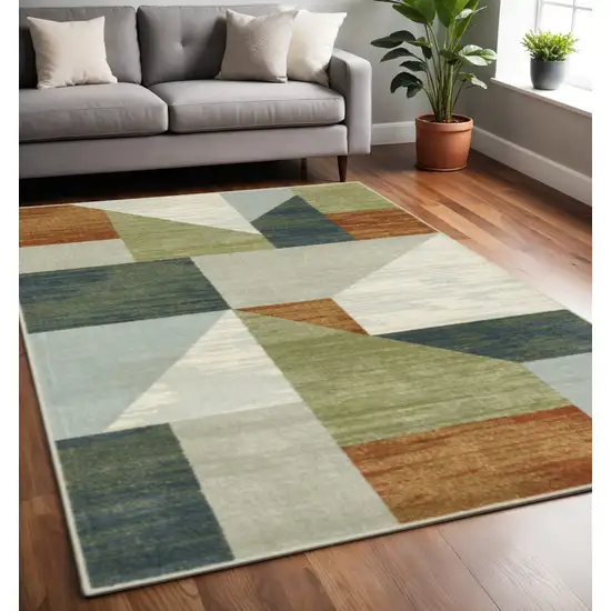 Grey Teal Blue Rust Green And Ivory Geometric Power Loom Stain Resistant Area Rug Photo 1