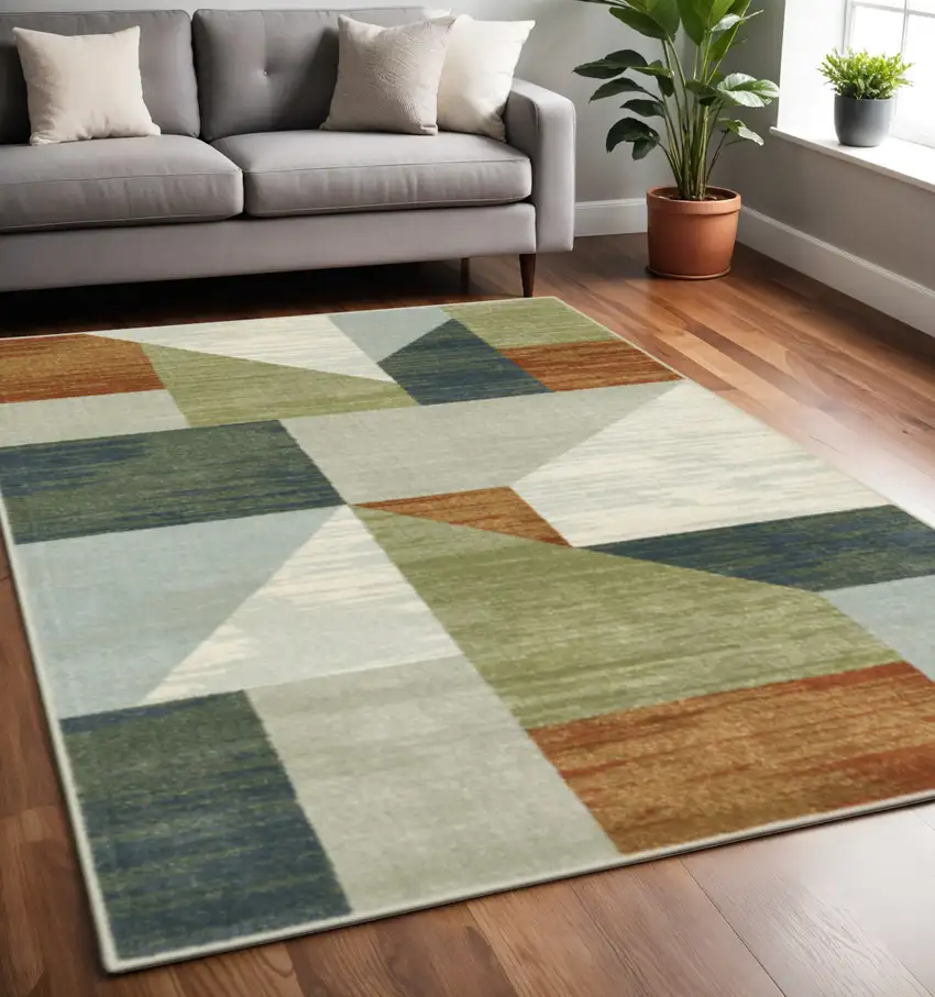 Grey Teal Blue Rust Green And Ivory Geometric Power Loom Stain Resistant Area Rug Photo 1