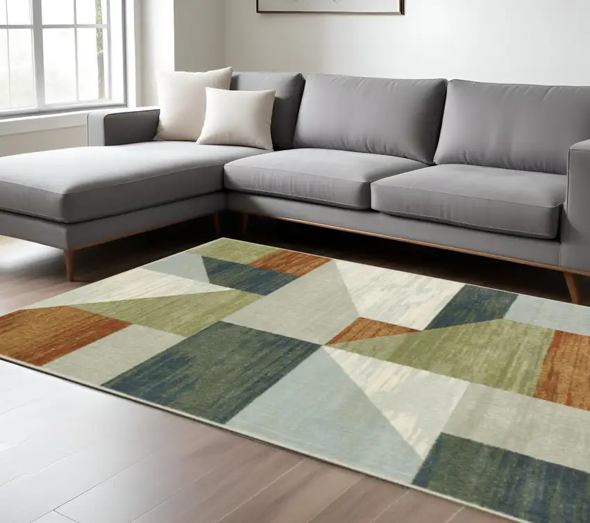 Grey Teal Blue Rust Green And Ivory Geometric Power Loom Stain Resistant Area Rug Photo 1
