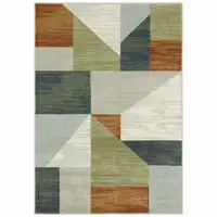 Photo of Grey Teal Blue Rust Green And Ivory Geometric Power Loom Stain Resistant Area Rug