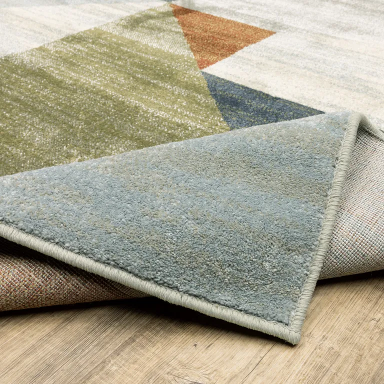 Grey Teal Blue Rust Green And Ivory Geometric Power Loom Stain Resistant Runner Rug Photo 1