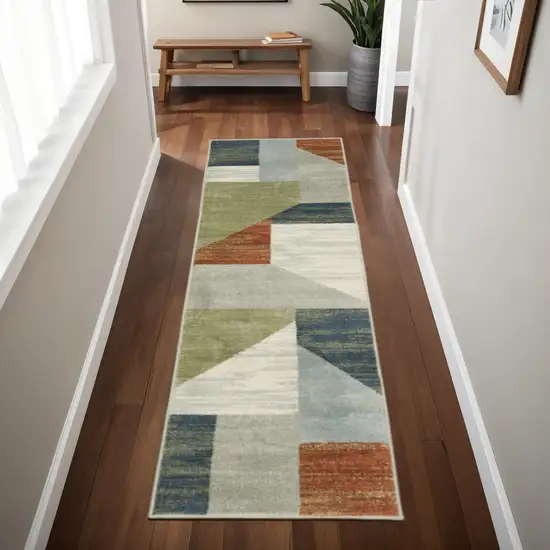2' X 8' Grey Teal Blue Rust Green And Ivory Geometric Power Loom Stain Resistant Runner Rug Photo 1