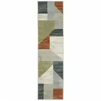 Photo of Grey Teal Blue Rust Green And Ivory Geometric Power Loom Stain Resistant Runner Rug
