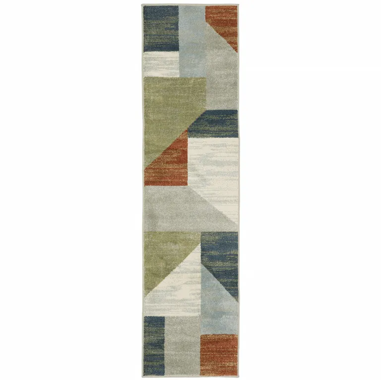 Grey Teal Blue Rust Green And Ivory Geometric Power Loom Stain Resistant Runner Rug Photo 3