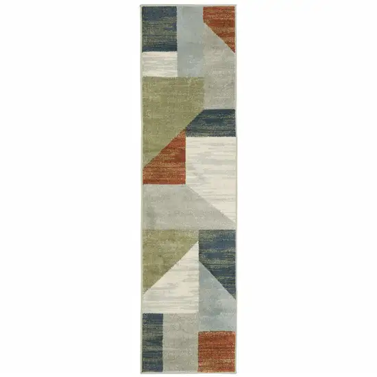 2' X 8' Grey Teal Blue Rust Green And Ivory Geometric Power Loom Stain Resistant Runner Rug Photo 2