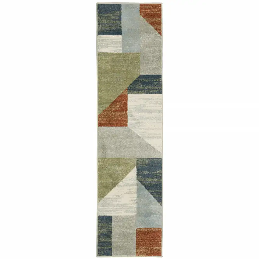 2' X 8' Grey Teal Blue Rust Green And Ivory Geometric Power Loom Stain Resistant Runner Rug Photo 2