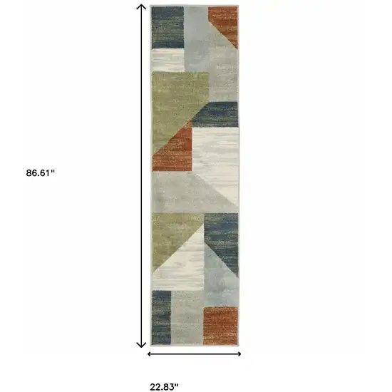 2' X 8' Grey Teal Blue Rust Green And Ivory Geometric Power Loom Stain Resistant Runner Rug Photo 3