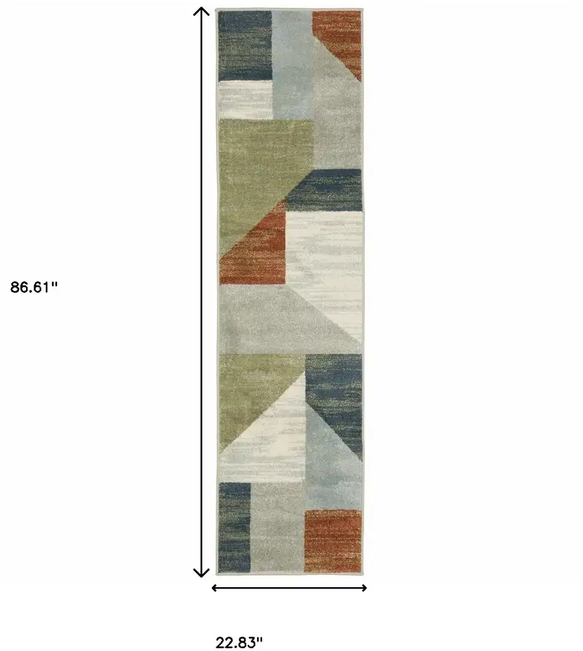 2' X 8' Grey Teal Blue Rust Green And Ivory Geometric Power Loom Stain Resistant Runner Rug Photo 3