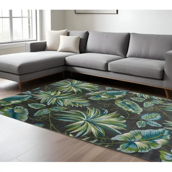 Gray Teal And Green Botanical Leaves Area Rug Photo 2