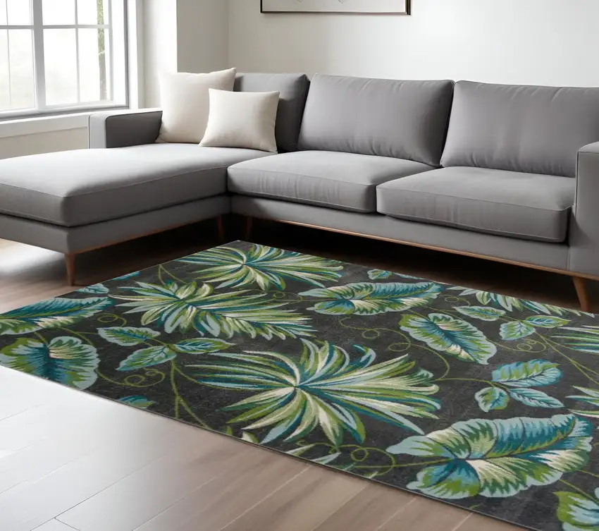 Gray Teal And Green Botanical Leaves Area Rug Photo 2