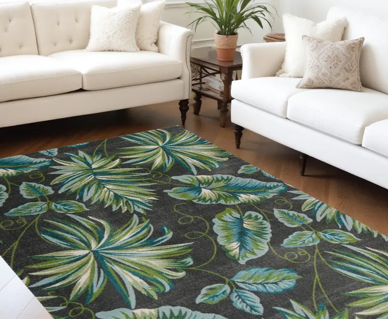 Grey Teal Machine Woven Oversized Tropical Leaves Indoor Area Rug Photo 1