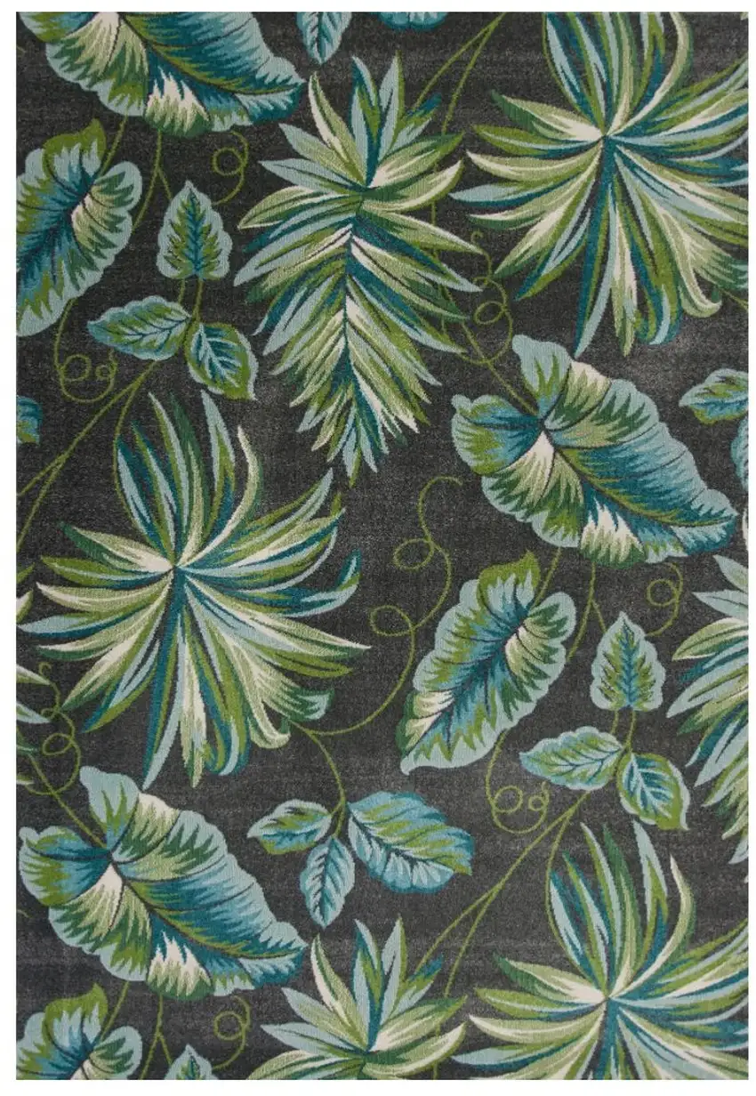 Grey Teal Machine Woven Oversized Tropical Leaves Indoor Area Rug Photo 2