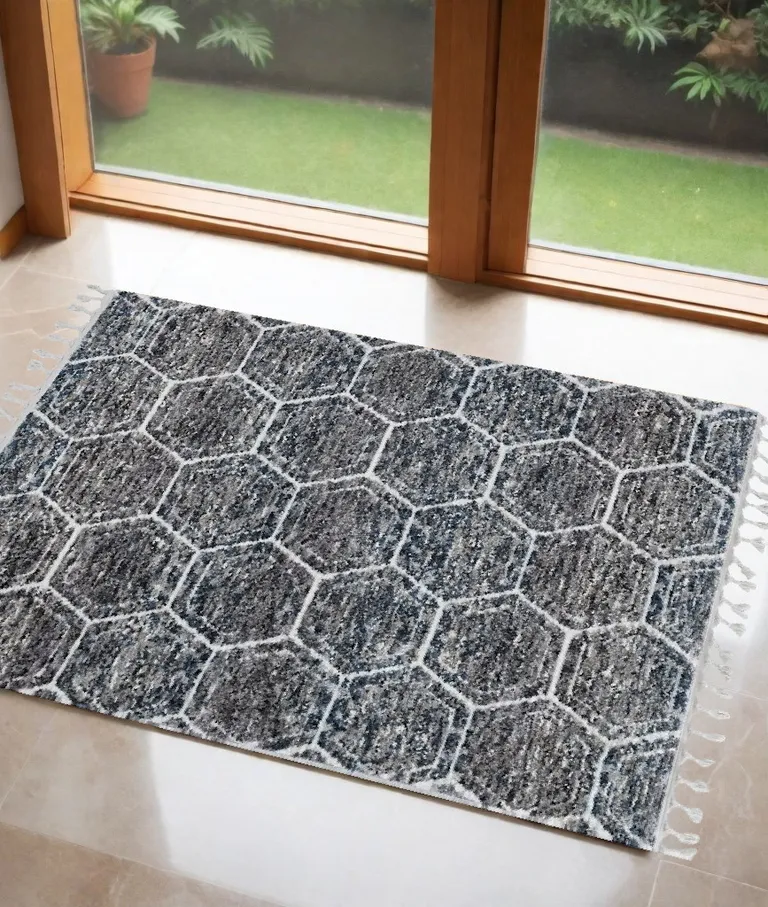 Grey Teal Machine Woven Space Dyed Honeycomb Indoor Area Rug Photo 3